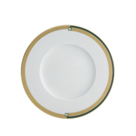 A white bread & butter plate with a deep emerald green band and gold detailing on the rim.