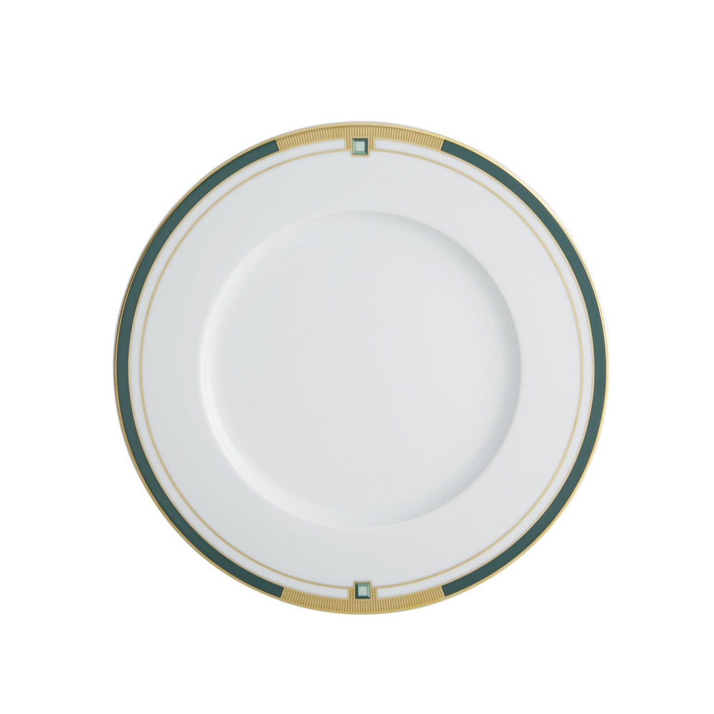 A white dinner plate with a deep emerald green band and gold detailing on the rim.