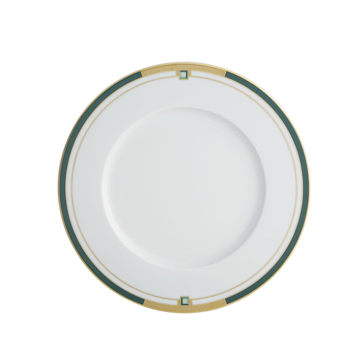 A white dinner plate with a deep emerald green band and gold detailing on the rim.
