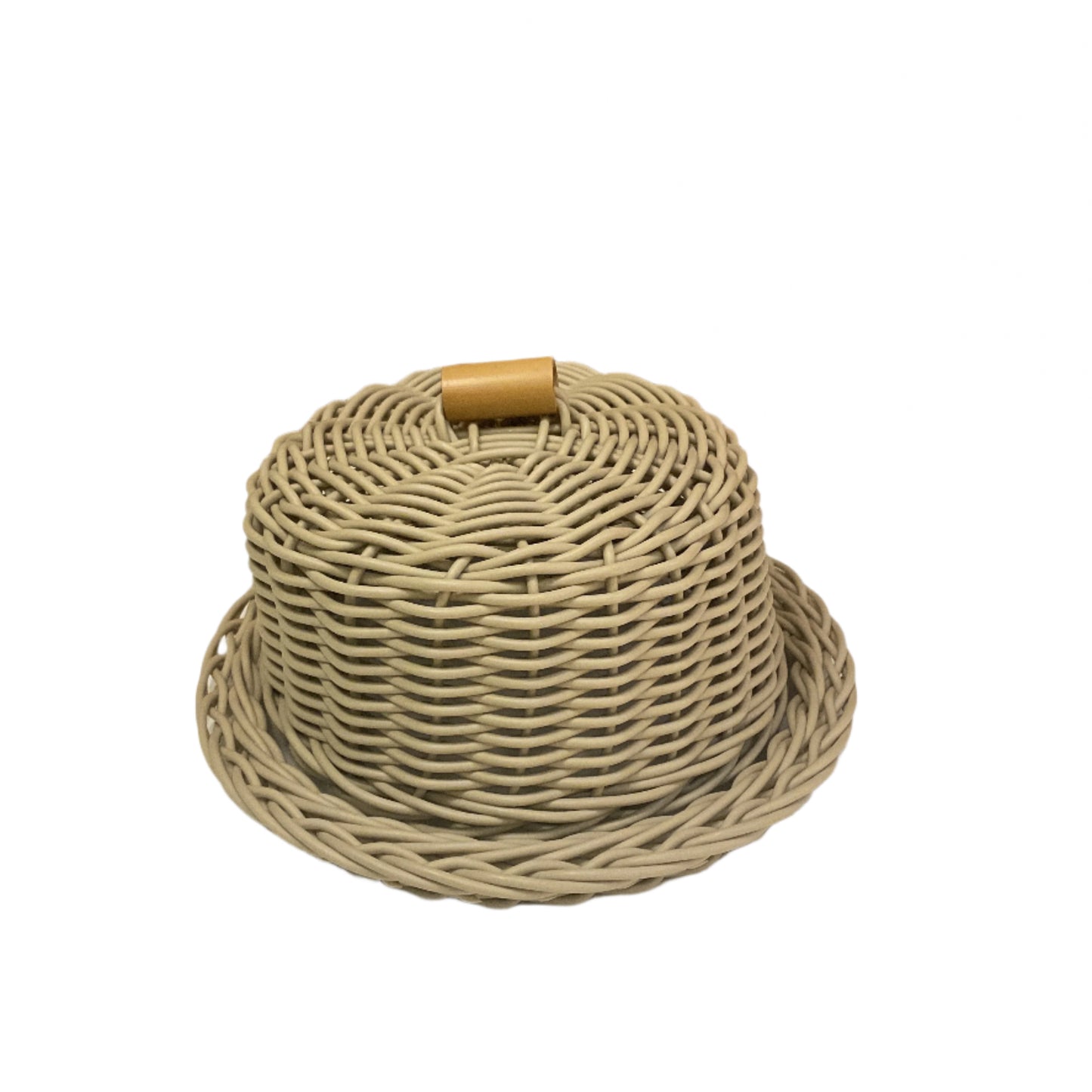 A beige wicker cheese dome with an acrylic base and a wooden handle.