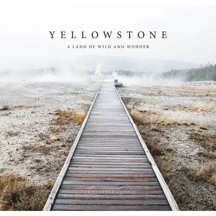 Book cover of 'Yellowstone: A Land of Wild and Wonder' with a wooden path leading into a misty landscape.
