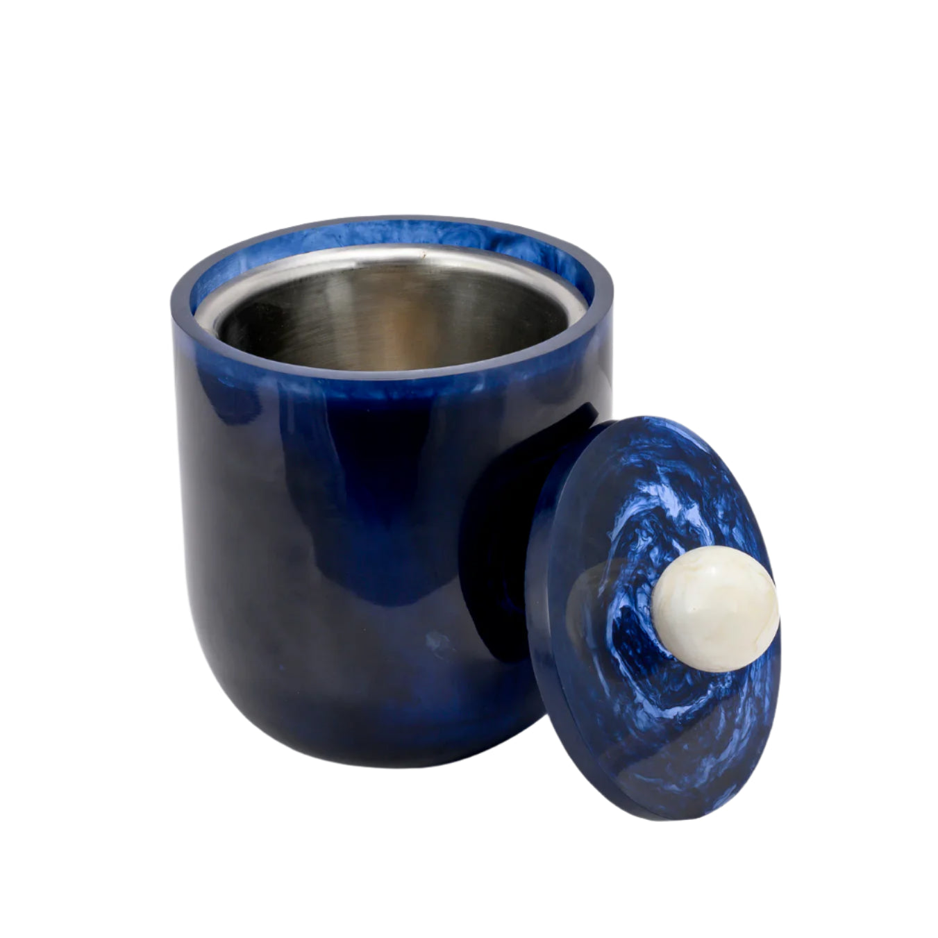 A blue marbled ice bucket with a sculptural lid topped with a pearl-like handle, the bucket has a stainless-steel interior.